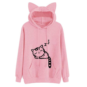 Women Hoodies Pink Winter Cat Pattern Long Sleeve Moletom Hooded Sweatshirts Ear Hooed