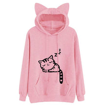 Load image into Gallery viewer, Women Hoodies Pink Winter Cat Pattern Long Sleeve Moletom Hooded Sweatshirts Ear Hooed
