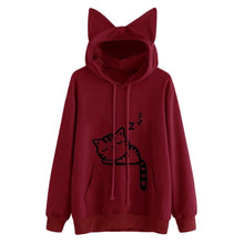 Load image into Gallery viewer, Women Hoodies Pink Winter Cat Pattern Long Sleeve Moletom Hooded Sweatshirts Ear Hooed